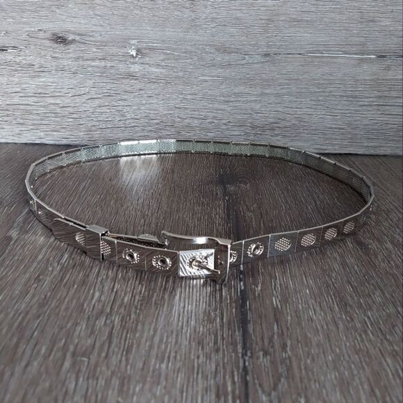 Metal Link Belt | Silver Tone Metal with Mesh Accent | Skinny Belt - 35.5" Long - Picture 1 of 5